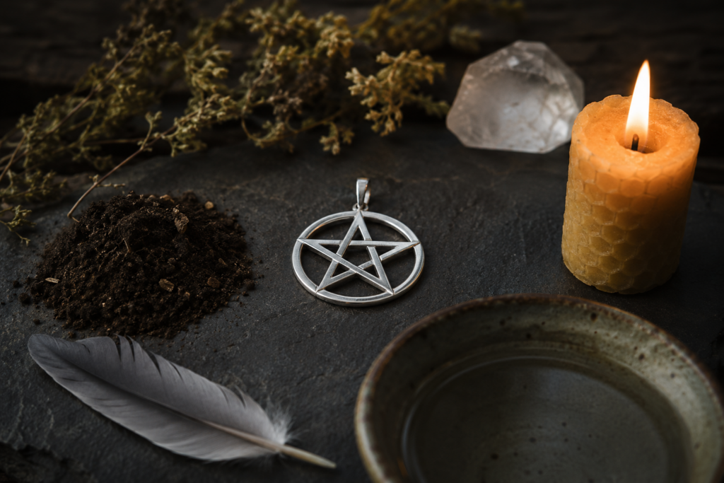 Pentagram – srebrny wisiorek z pięcioramienną gwiazdą na tle kamienia i symboli pięciu żywiołów