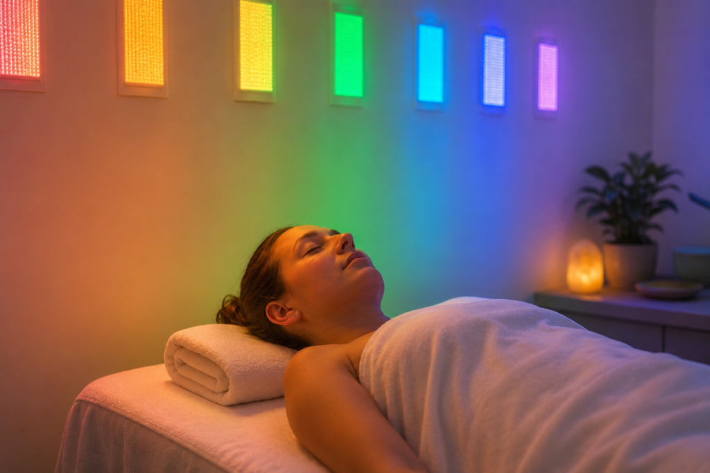 Chromoterapia - seans uzdrawiania kolorem w spokojnym wnętrzu, ciało w gradiencie barwnego światła