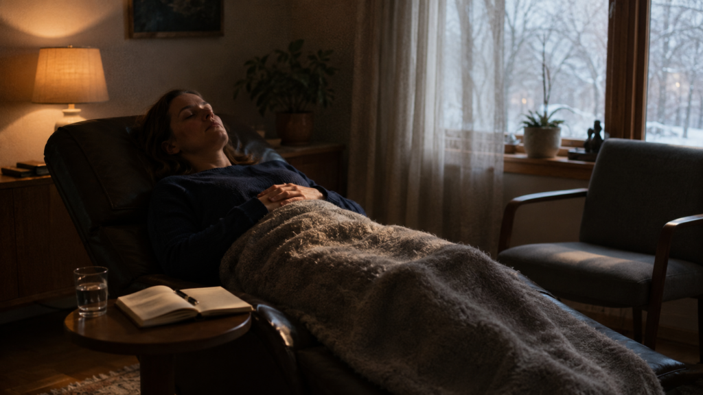 Regresja hipnotyczna - osoba w transie podczas sesji w gabinecie terapeuty