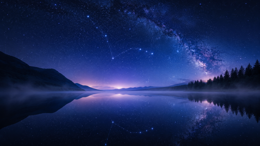 Ryby – rozgwieżdżone nocne niebo odbite w tafli jeziora, symbolika wodnego znaku zodiaku