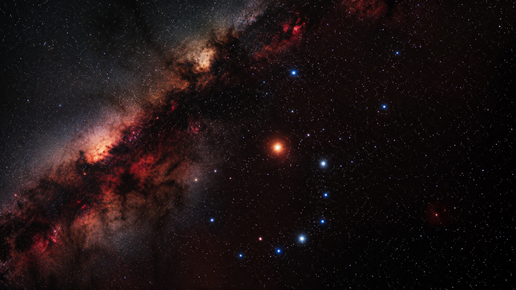 Skorpion – gwiazdozbiór Skorpiona z czerwoną gwiazdą Antares na nocnym niebie