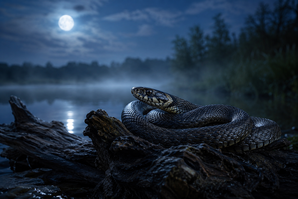 en o wężu – wąż zwinięty w nocnej mgle jako symbol senny