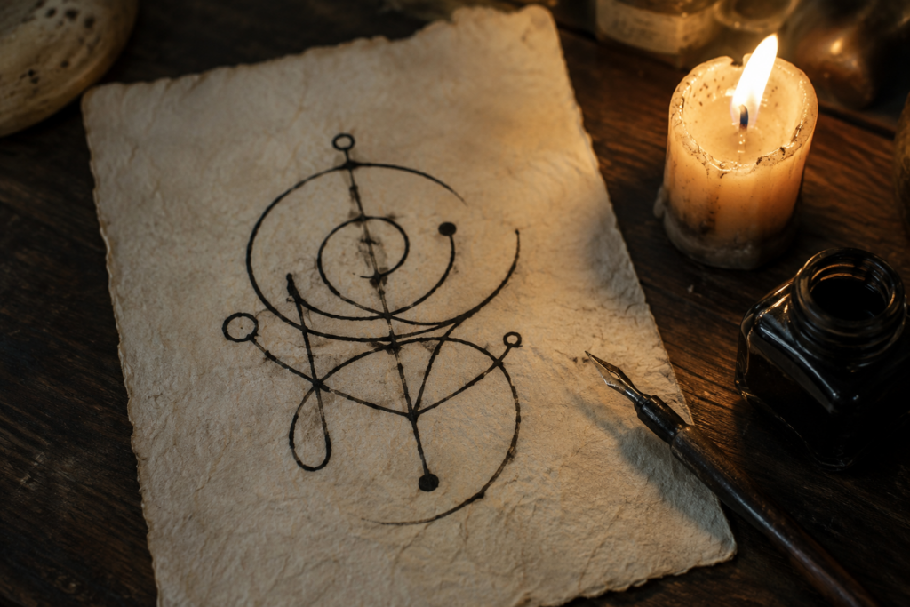 Sigile – ręcznie narysowana magiczna pieczęć (sigil) tuszem na papierze