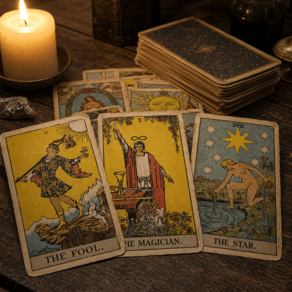 Tarot dla początkujących — rozłożone karty wielkich arkanów na drewnianym stole