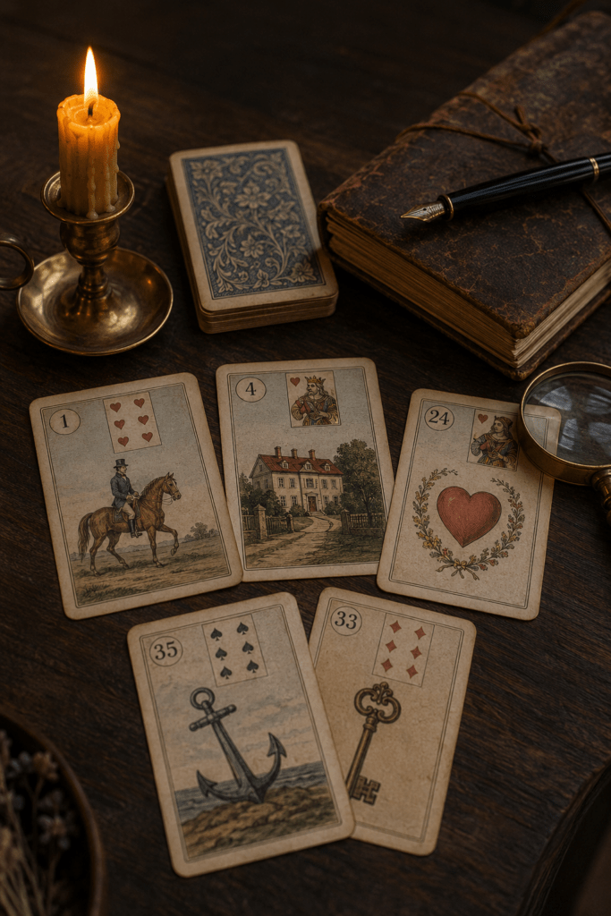 Karty Lenormand rozłożone na drewnianym stole — klasyczna talia 36 kart do wróżenia