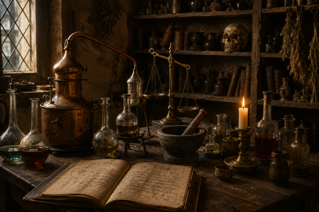 Historia alchemii – dawne laboratorium alchemika z alembikami i manuskryptami