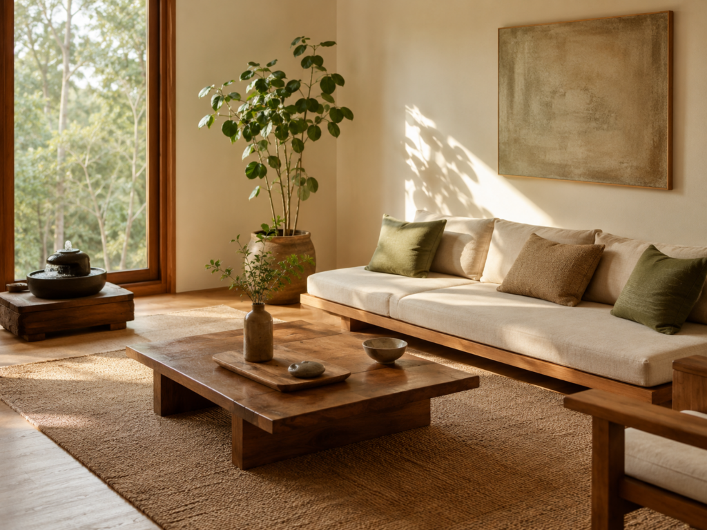 Feng shui w domu – harmonijnie urządzony salon z roślinami i naturalnym światłem