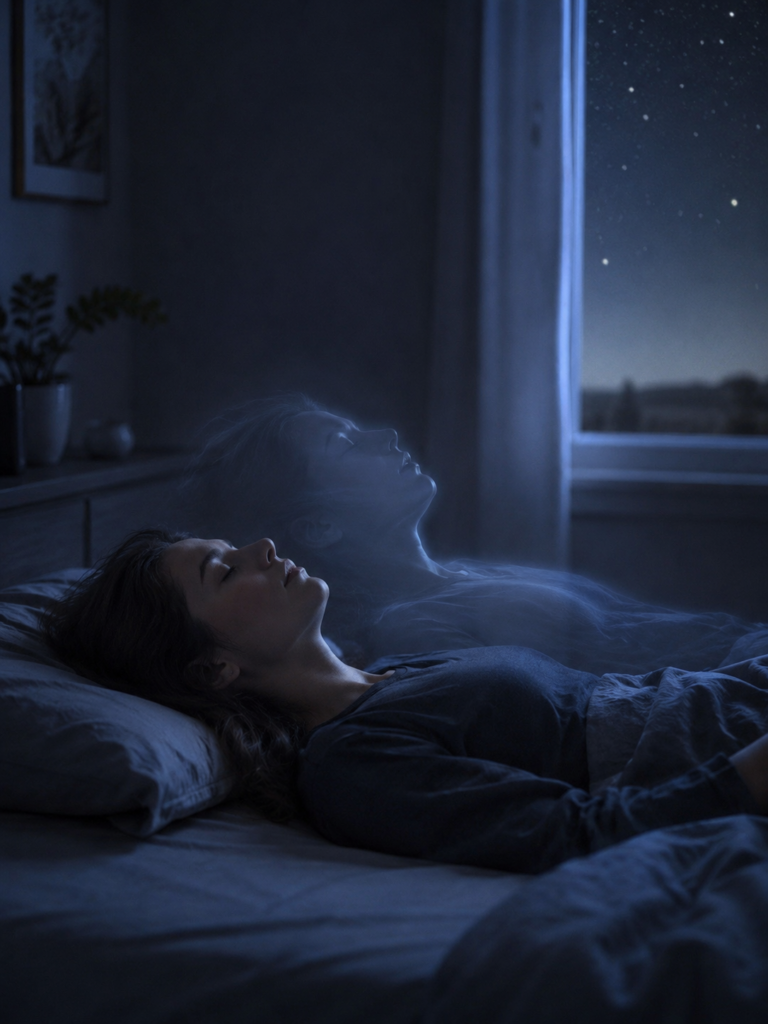 Podróże astralne – osoba w głębokim rozluźnieniu w półmroku sypialni przed świtem, subtelna świetlista poświata nad ciałem
