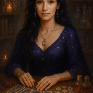 # Alt text dla obrazka ``` Mistyczna ilustracja przedstawiająca Wróżkę Stellę podczas rytuału miłosnego z symbolami magii i miłości, świecami, kryształami oraz elementami czatu online. ```