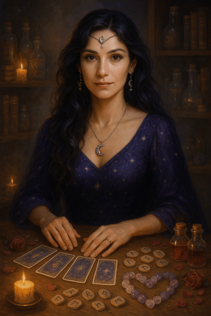 # Alt text dla obrazka

```
Mistyczna ilustracja przedstawiająca Wróżkę Stellę podczas rytuału miłosnego z symbolami magii i miłości, świecami, kryształami oraz elementami czatu online.
```