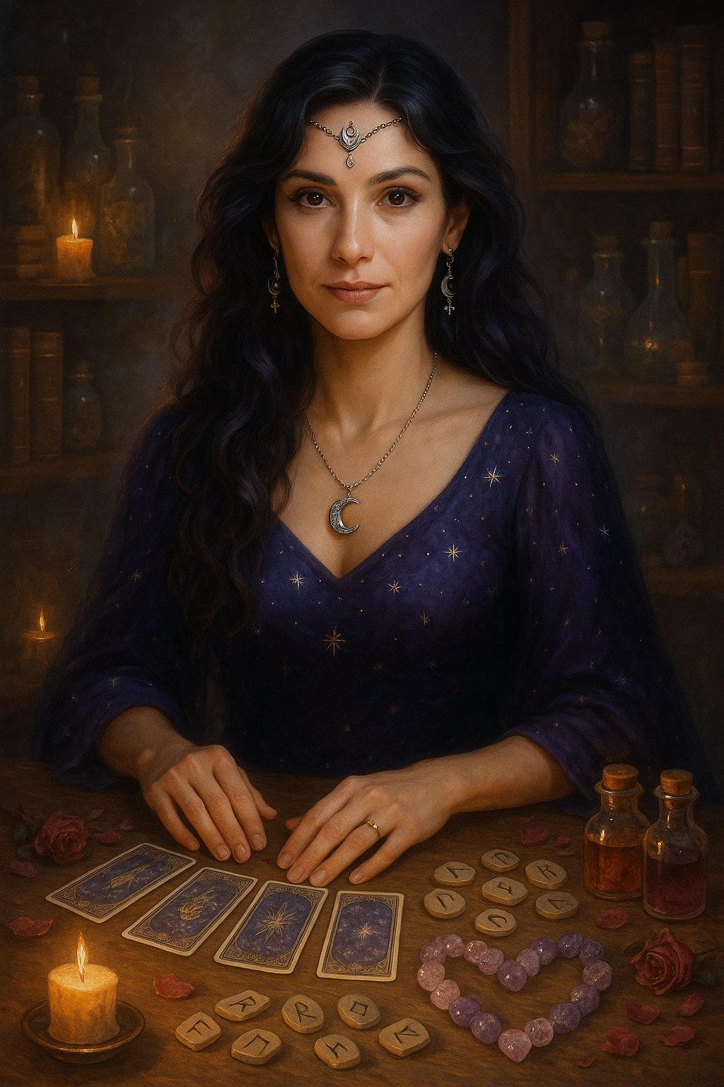 # Alt text dla obrazka ``` Mistyczna ilustracja przedstawiająca Wróżkę Stellę podczas rytuału miłosnego z symbolami magii i miłości, świecami, kryształami oraz elementami czatu online. ```