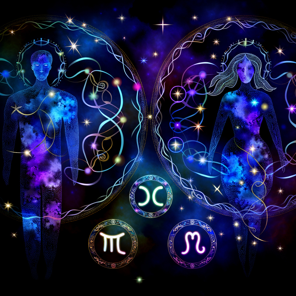 Dwie sylwetki utworzone z konstelacji gwiazd stoją naprzeciwko siebie, połączone świetlistymi liniami symbolizującymi znaki zodiaku. W tle widoczne są planety i symbole astrologiczne na granatowym niebie, obrazujące horoskop partnerski i kompatybilność znaków zodiaku w relacjach międzyludzkich.