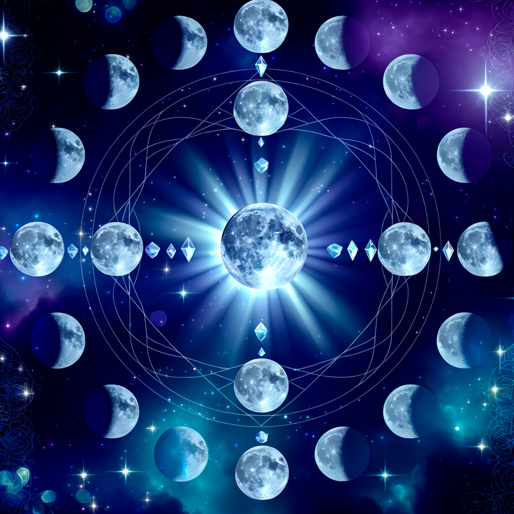 Ośmiofazowy cykl księżycowy ukazujący energię transformacji od Nowiu do Pełni, stanowiący mistyczne źródło mocy wykorzystywanej w praktykach ezoterycznych.