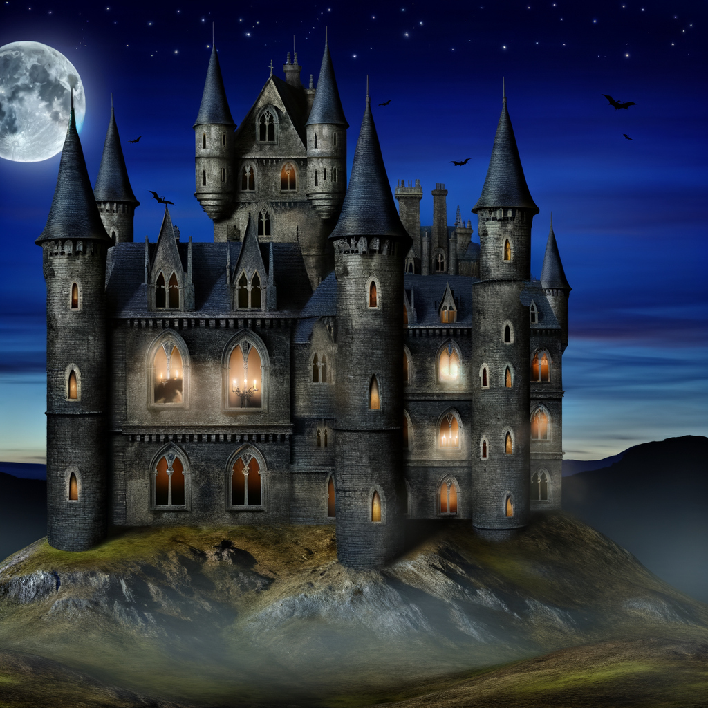 Zamek nawiedzony o zmierzchu, osadzony na wzgórzu i otoczony tajemniczą mgłą. Kilka przyćmionych świateł widocznych w oknach budowli. Ciemnogranatowe niebo z widocznymi gwiazdami i częściowo widocznym księżycem. Atmosfera miejsca jest tajemnicza i niepokojąca, budząca dreszcz emocji charakterystyczny dla nawiedzonych miejsc opisywanych w artykule.