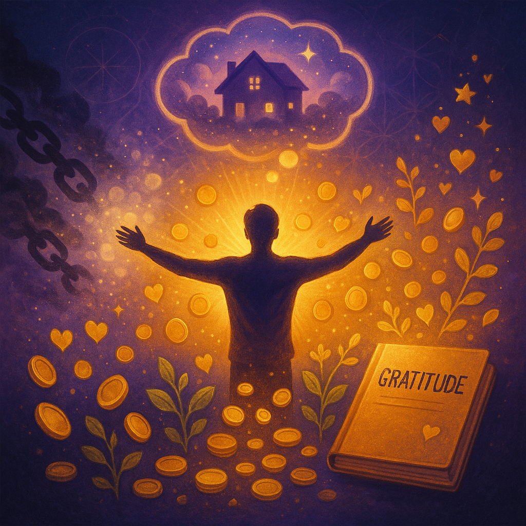 Ilustracja koncepcji Prawa Przyciągania przedstawiająca postać otoczoną złotą aurą, z symbolami obfitości, dziennik wdzięczności po prawej stronie, oraz wizualizację uwalniania się od przeszłości po lewej, w odcieniach fioletu, błękitu i złota.