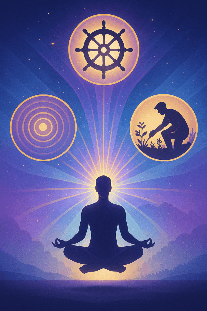 Stylizowana ilustracja przedstawiająca sylwetkę osoby w pozycji medytacyjnej, unoszącą się nad ziemią. Z głowy postaci emanują promienie energii w kolorach fioletu i błękitu. Wokół postaci znajdują się trzy symboliczne elementy: kierownica (symbolizująca przejęcie kontroli nad umysłem), ogród z usuwanym chwastem (symbolizujący eliminację negatywności) oraz koncentryczne fale energii (symbolizujące ciągłe przekazywanie pragnień do podświadomości). Tło przechodzi od ciemnego granatu na dole do jaśniejszego fioletu na górze, z delikatnymi złotymi punktami przypominającymi gwiazdy, symbolizującymi potencjał umysłu.