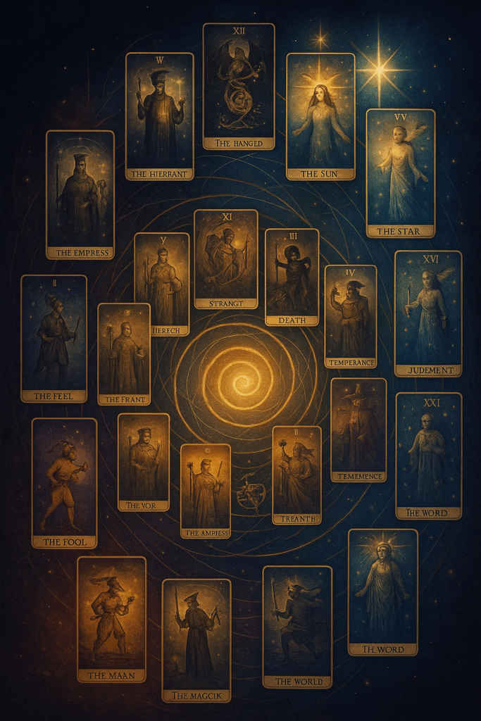 Ilustracja przedstawiająca 22 karty Wielkich Arkanów tarota ułożone w spiralę. Karty od Głupca (0) do Świata (XXI) tworzą cykliczną ścieżkę rozwoju duchowego, z ciemniejszymi kolorami przy kartach symbolizujących wyzwania (Wisielec, Śmierć, Diabeł, Wieża) i jaśniejszymi przy kartach oznaczających spełnienie (Gwiazda, Słońce, Świat). Delikatne linie łączą karty, pokazując ich wzajemne powiązania na drodze transformacji.
