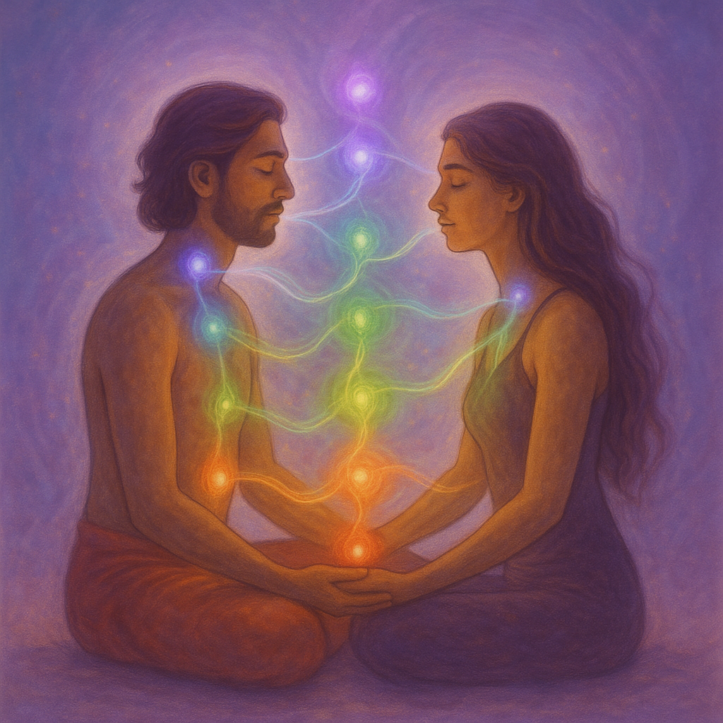 Medytująca para z widocznymi czakrami i przepływem energii między partnerami