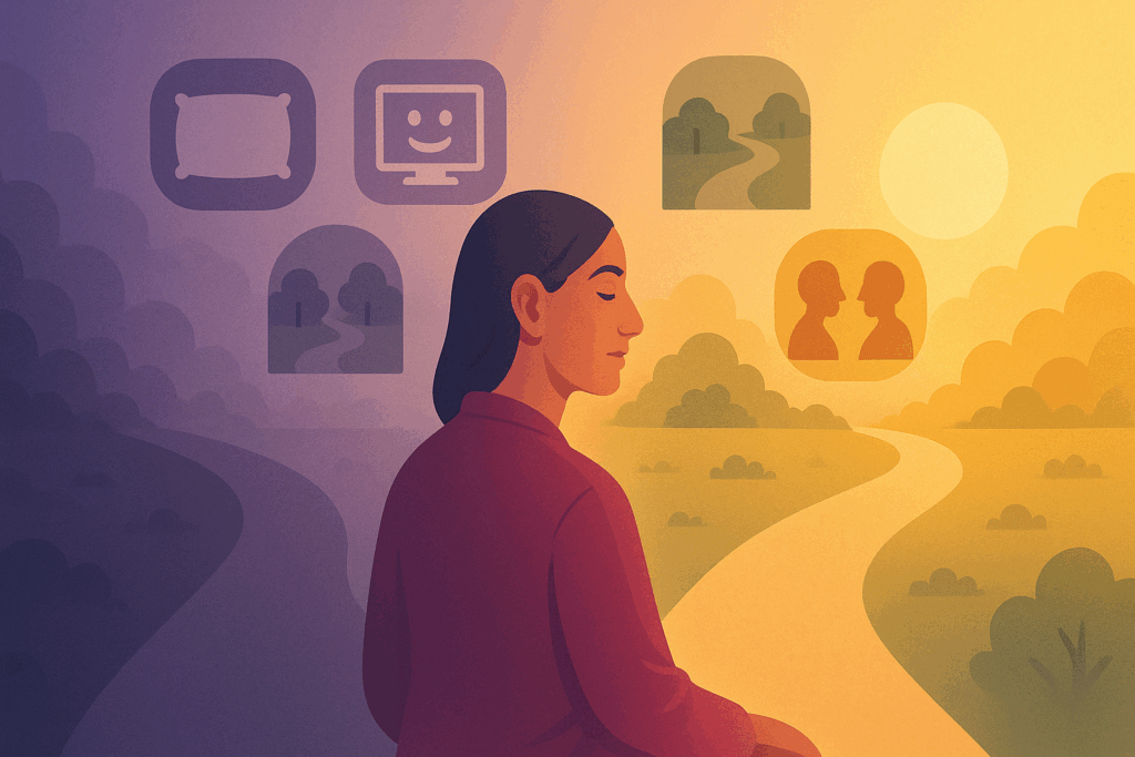 Ilustracja przedstawiająca osobę stojącą na rozdrożu między dwiema ścieżkami - ciemną, mglistą po lewej (symbolizującą negatywne myśli) i jasną, słoneczną po prawej (symbolizującą pozytywne myślenie). Wokół rozmieszczone są małe ikony reprezentujące pięć metod radzenia sobie z negatywnymi myślami: poduszka (drzemka), ekran (komedia), ścieżka w parku (spacer), wiejska droga (przejażdżka za miasto) i dwie rozmawiające osoby (rozmowa). Kolorystyka przechodzi od chłodnych, ciemnych tonów po lewej do ciepłych, jasnych po prawej stronie.