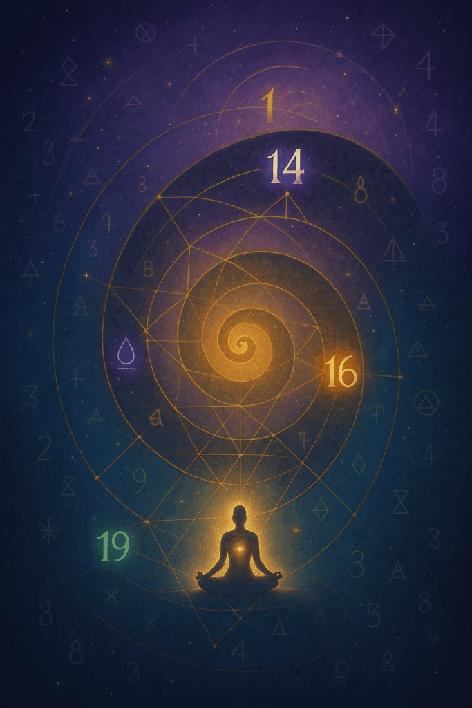 Mistyczna spirala z czterema świecącymi liczbami karmicznymi (13, 14, 16, 19) na tle gwiaździstego gradientu. W centrum medytująca sylwetka człowieka, otoczona złotymi liniami łączącymi liczby w geometryczny wzór. Symbole żywiołów towarzyszą każdej liczbie, reprezentując transformacyjną podróż duszy przez kolejne wcielenia i przepracowanie karmicznych długów.