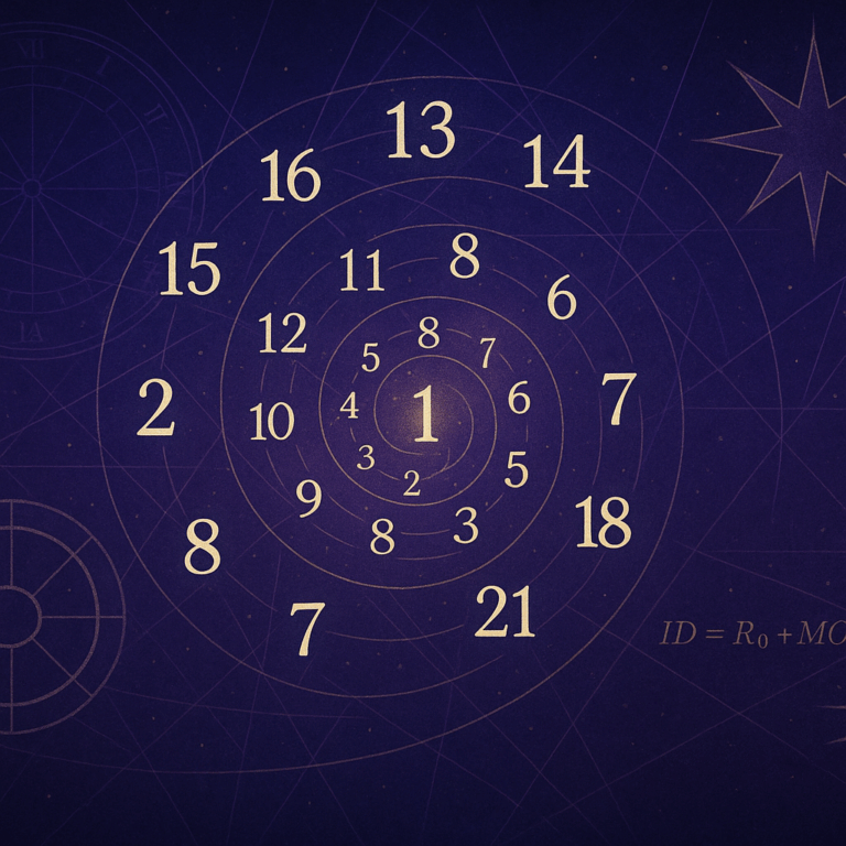 Grafika przedstawiająca spiralę liczb od 1 do 22 z symbolami tarota na fioletowo-indygowym tle. Widoczne elementy matematyczne do obliczania Istoty Dnia i Miesiąca w numerologii Rekusa.