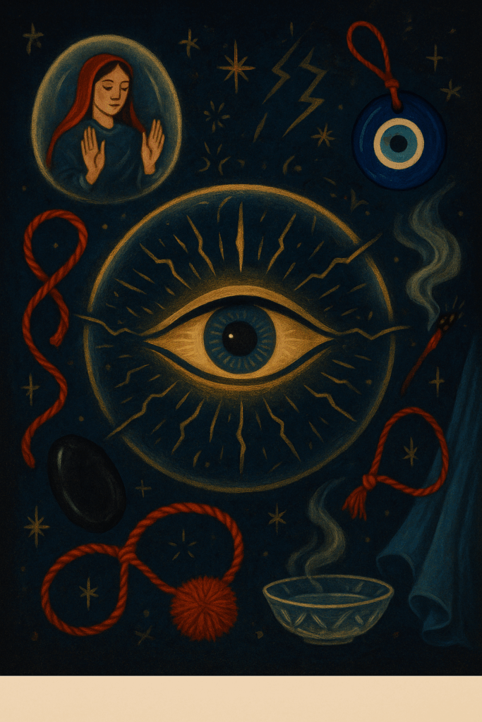 Ilustracja przedstawiająca symbolikę ochrony przed złym okiem. Centrum kompozycji zajmuje duże, hipnotyzujące oko otoczone promieniami. Wokół niego rozmieszczone są tradycyjne amulety ochronne: czerwona wełniana wstążka, niebieski amulet Nazar, czarny onyks oraz czerwony wełniany pompon. Grafika zawiera także elementy symbolizujące rytuały ochronne: dym z ziół, miseczkę z wodą i solą oraz sugestię tkaniny. W górnym rogu widoczna sylwetka osoby otoczona świetlistą tarczą energetyczną. Całość utrzymana w mistycznej estetyce z dominującymi kolorami: niebieskim, czerwonym i złotym, na tle subtelnych symboli ochronnych.