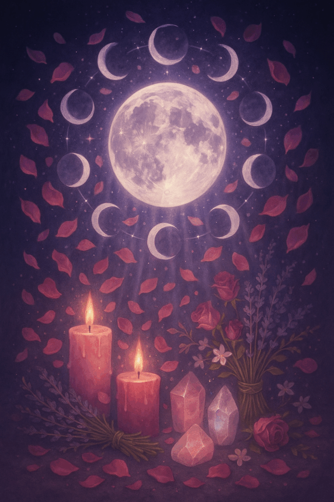 Mistyczna ilustracja faz księżyca z elementami wiccańskich rytuałów miłosnych - świece, róże i kryształy symbolizujące 28-dniowy cykl magiczny