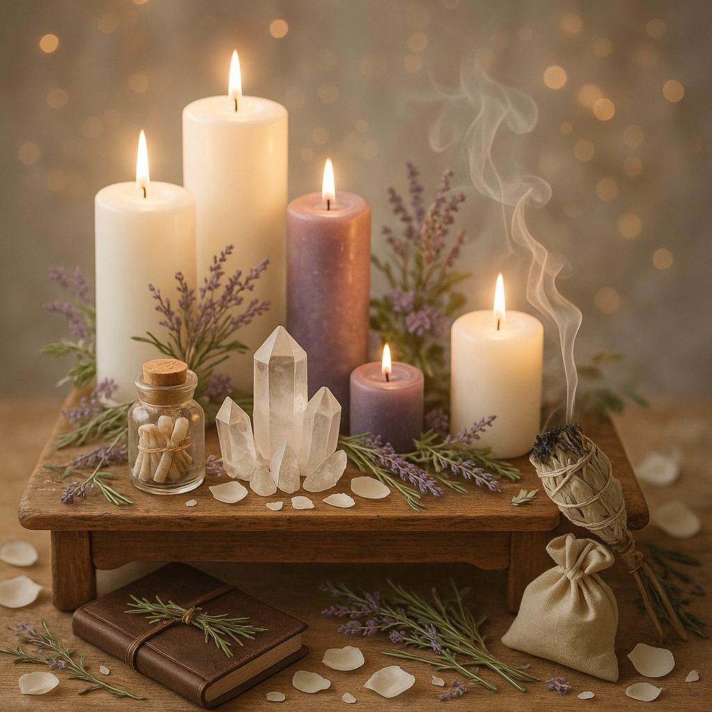 Biała magia rytuały nowy początek - ołtarz z świecami kryształami suszonymi ziołami do transformacji życiowej i uwolnienia przeszłości