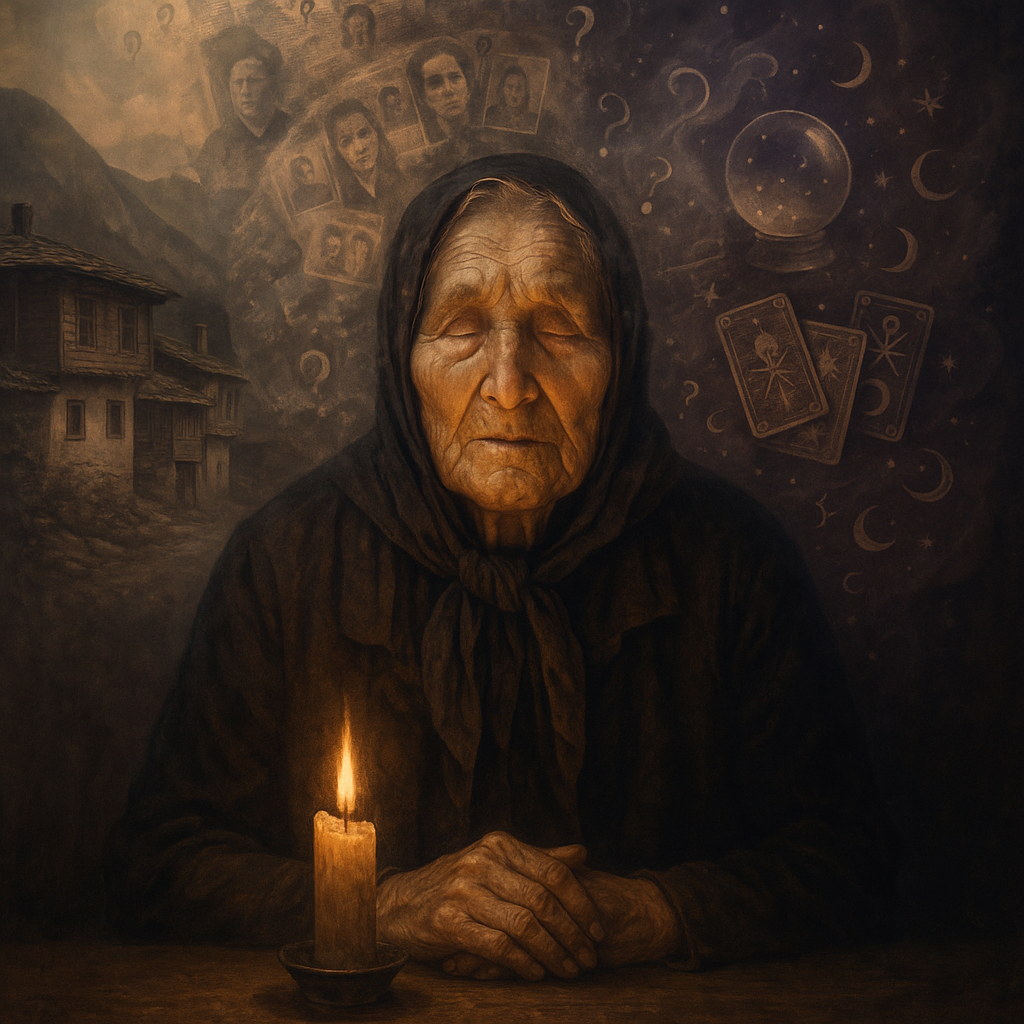 Mistyczny portret Baby Wandy - starszej niewidomej kobiety w chuście otoczonej symbolami przepowiedni i znakami zapytania, ilustracja łącząca rzeczywistość historyczną z mitologią medialną