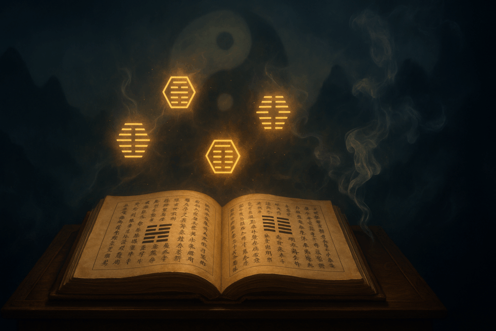 Otwarta Księga Przemian I-Ching na drewnianym stole z unoszonymi złotymi heksagramami i dymem kadzidła