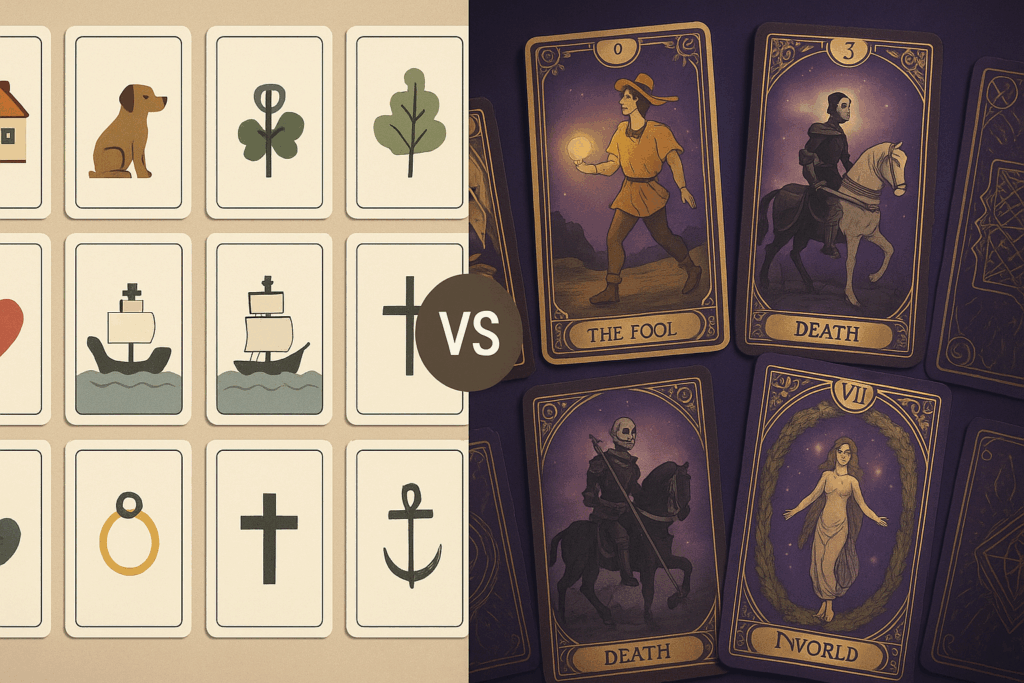 Porównanie kart Lenormand i Tarot - po lewej stronie 36 prostych kart Lenormand z symbolami domu, psa i statku, po prawej 78 mistycznych kart Tarota z bogatą symboliką w fioletach i złocie