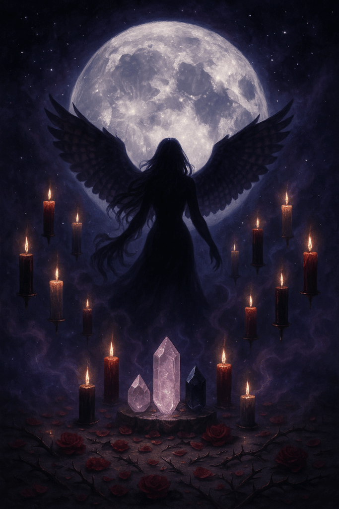 Rytuał miłosny z Lilith podczas pełni księżyca - ołtarz ze świecami, kryształami i symbolami ciemnej bogini