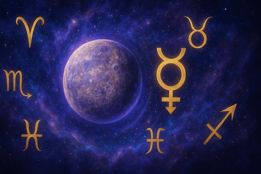 Retrogradacja Merkurego 2025 - ilustracja planety Merkury w ruchu wstecznym z symbolami zodiaku Baran, Lew, Strzelec, Ryby i Skorpion na kosmicznym tle