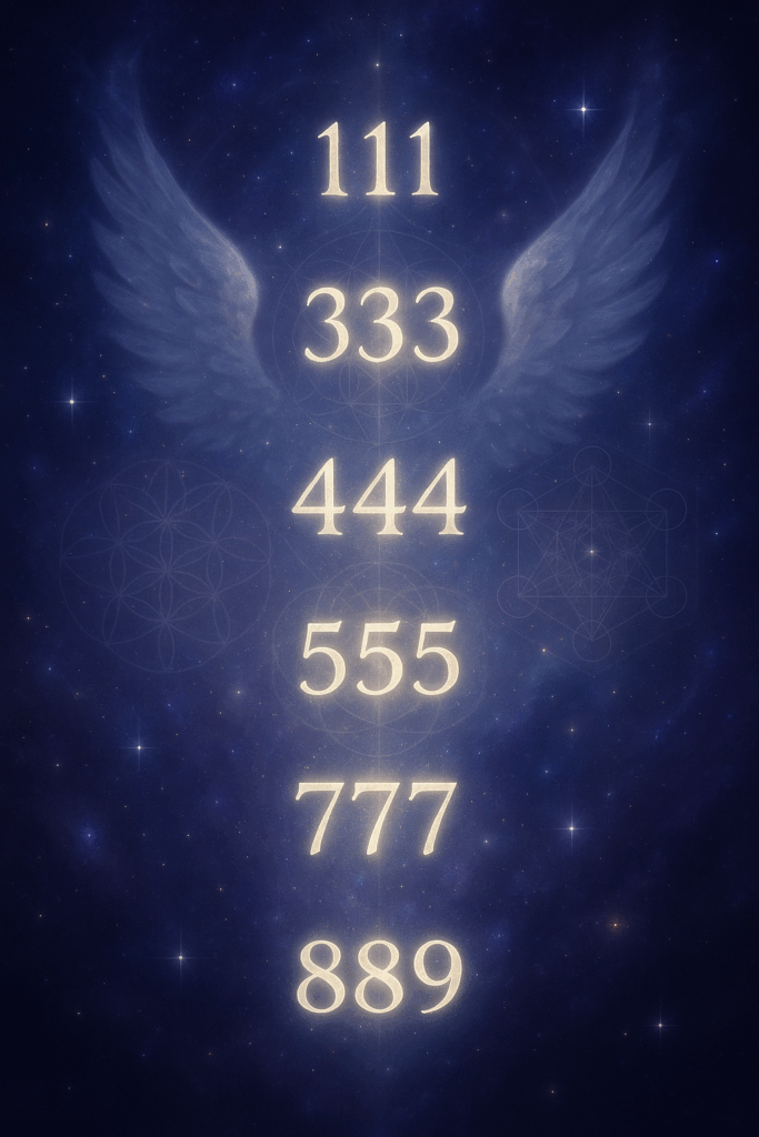 Liczby anielskie 111 222 333 444 555 777 888 999 świecące w kosmicznej przestrzeni z anielskimi skrzydłami i duchową symboliką – ilustracja znaczeń numerologii anielskiej
