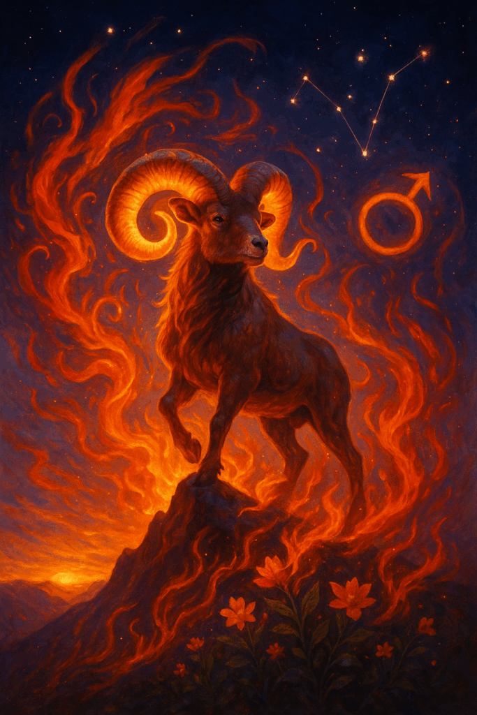 Mistyczna ilustracja znaku zodiaku Baran przedstawiająca majestatycznego 
barana ze złotymi rogami otoczonego płomieniami i ognistą energią, 
ze świecącym symbolem Marsa w tle i konstelacją Barana na nocnym niebie