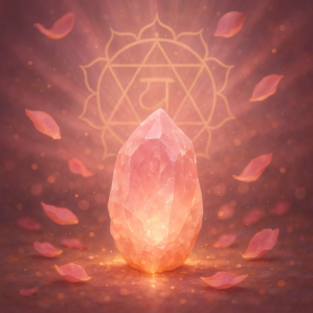 Kwarc różowy otoczony delikatnym różowym światłem z symbolem czakry serca w tle
