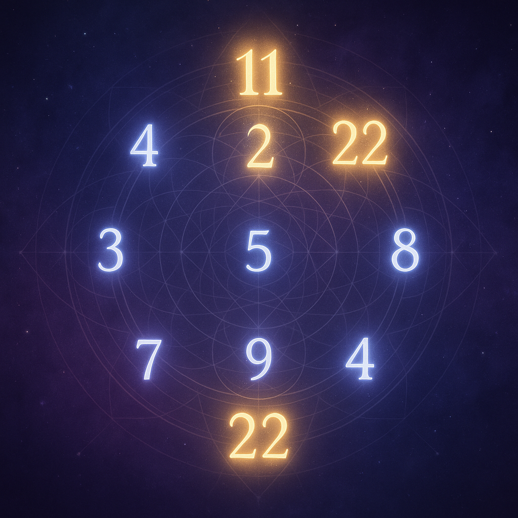 Liczby życia 1-9 w świętym kręgu z liczbami mistrzowskimi 11, 22, 33 - ilustracja numerologii pitagorejskiej