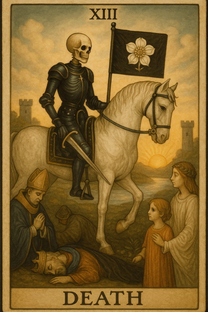 Karta Tarota Śmierć (XIII Arkanum) - szkielet w czarnej zbroi na białym koniu trzyma sztandar z białą różą, w tle wschodzące słońce między wieżami