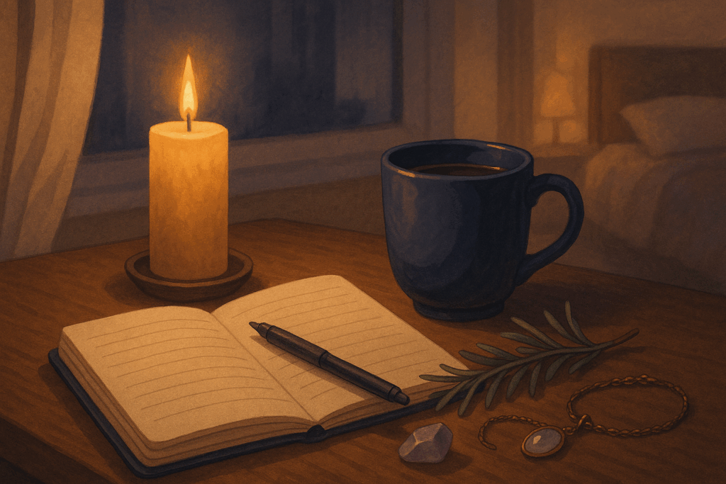 Ilustracja stolika z zapaloną świecą, kubkiem herbaty, notesem, kryształem i ziołami w przytulnym, półmistycznym wnętrzu, symbolizująca codzienne rytuały mocy i spokojny wieczór.