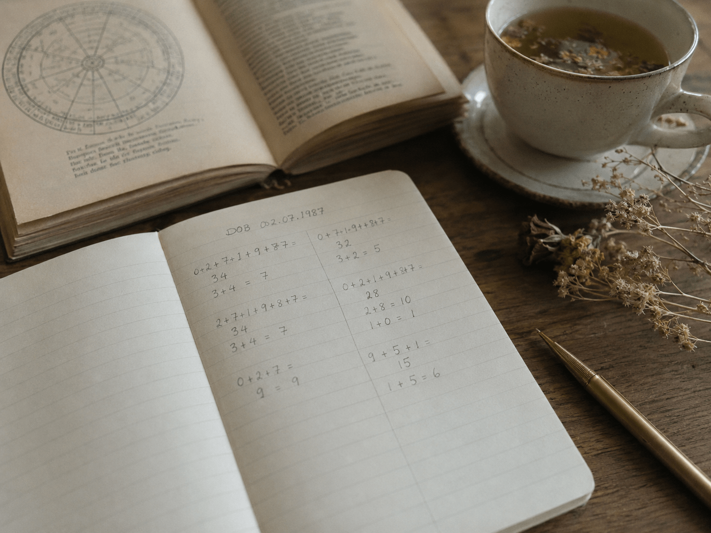 Liczba życia w numerologii – odręczne obliczanie liczby życia z daty urodzenia w notesie obok otwartej księgi numerologicznej