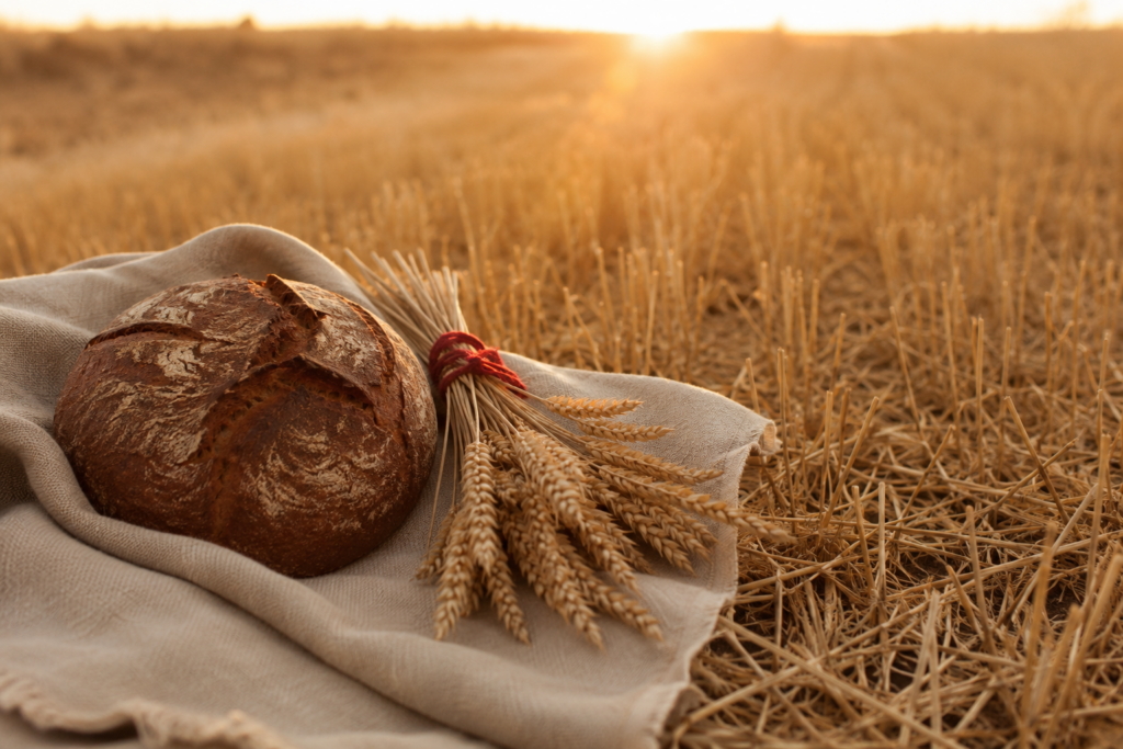 Lammas 2026 - bochenek chleba i snop zboża na lnie na skraju pola o zachodzie słońca